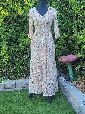 Floral Boho Tiered Ruffle Flowy Coastal Cowgirl Maxi Dress Sz XS
